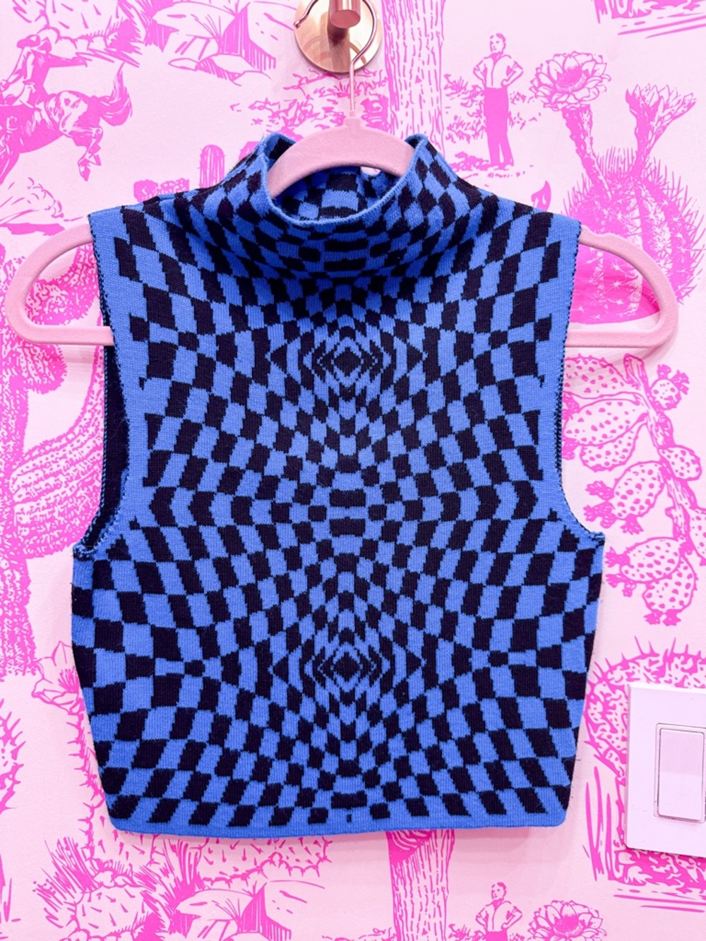 ASOS Checkerboard Knit Sleeveless Turtleneck Top - Blue/Black